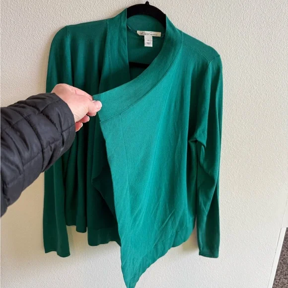 Kenneth Cole, silk blend, Green Open Front Cardigan Sweater, petite large. - Picture 2 of 6